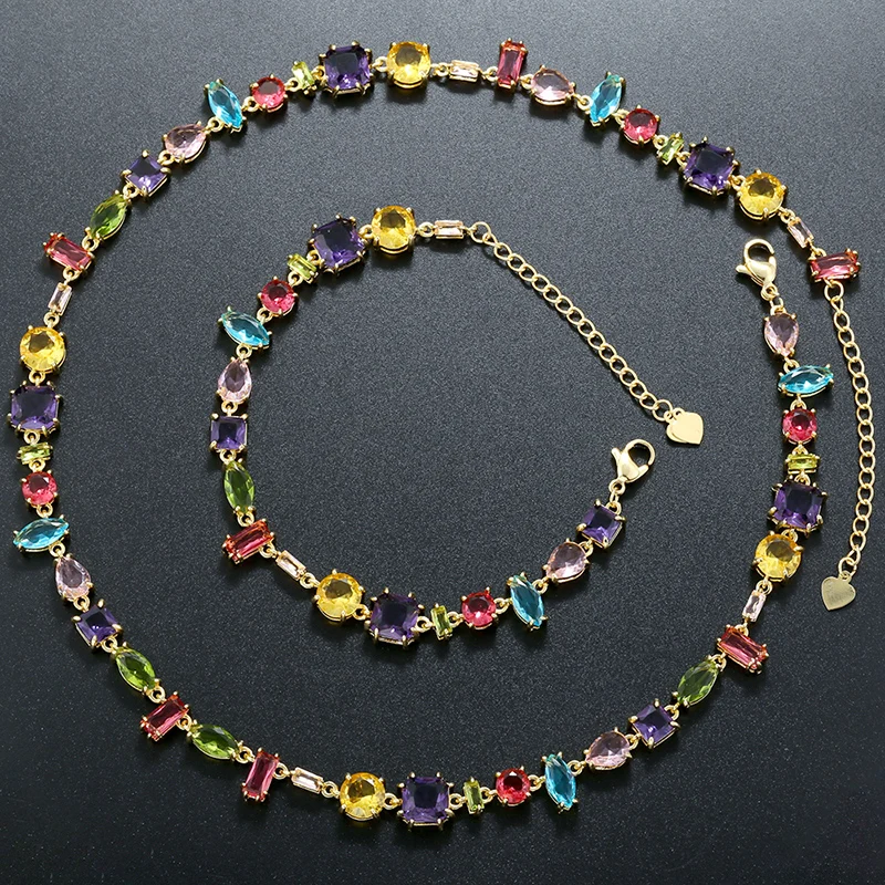 ZHUKOU 18K Golden Plated Colourful Crystals Collarbone Necklace Ladies Beaded Bracelet Ladies Jewellery:VL585 VL586