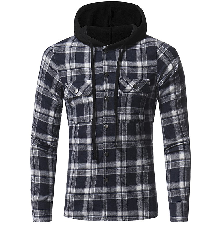F-SFRWA Plaid Shirt Lente Shirts Mannen Casual Kleding Heren Shirt Lange Mouw Casual Rooster Hooded Camisa Sociale XXXL: Navy / Asia M 165CM 55KG