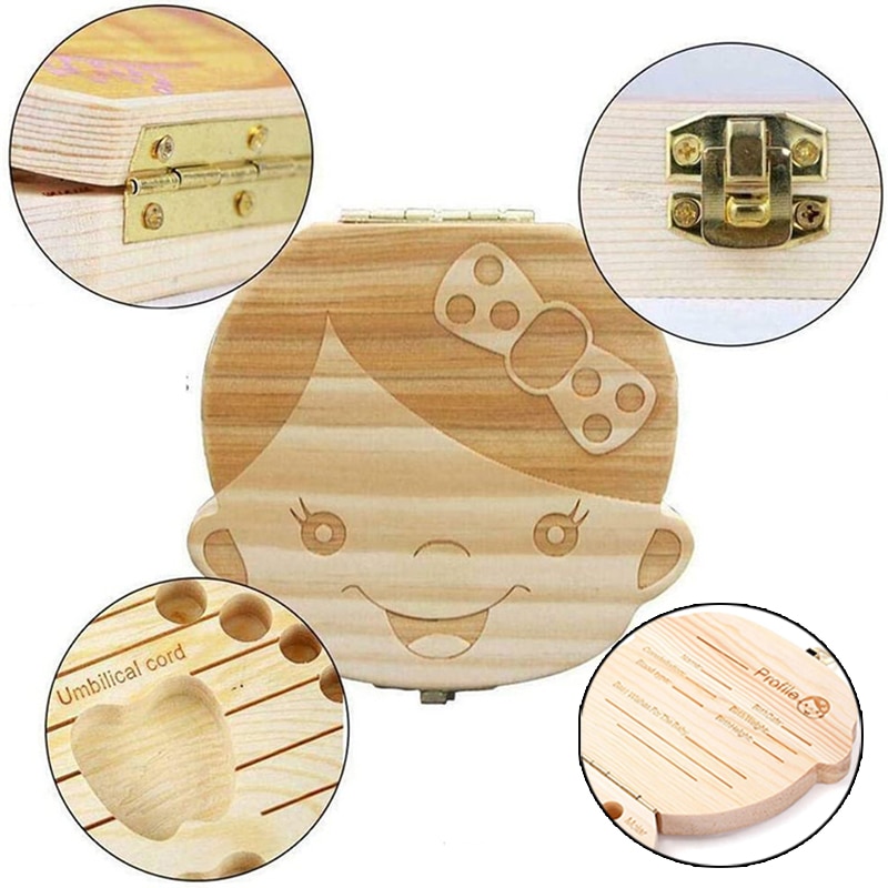 Baby Milk Teeth Box Spanish English Russion French Baby Wood Tooth Box Organizer Kids Deciduous Storage Collect wooden Box