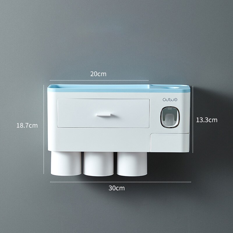 Toothbrush Holder Wall Mount Magnetic Adsorption Inverted Toothpaste Dispenser Makeup Storage Rack For Bathroom Accessories Set: Blue 3 Cups