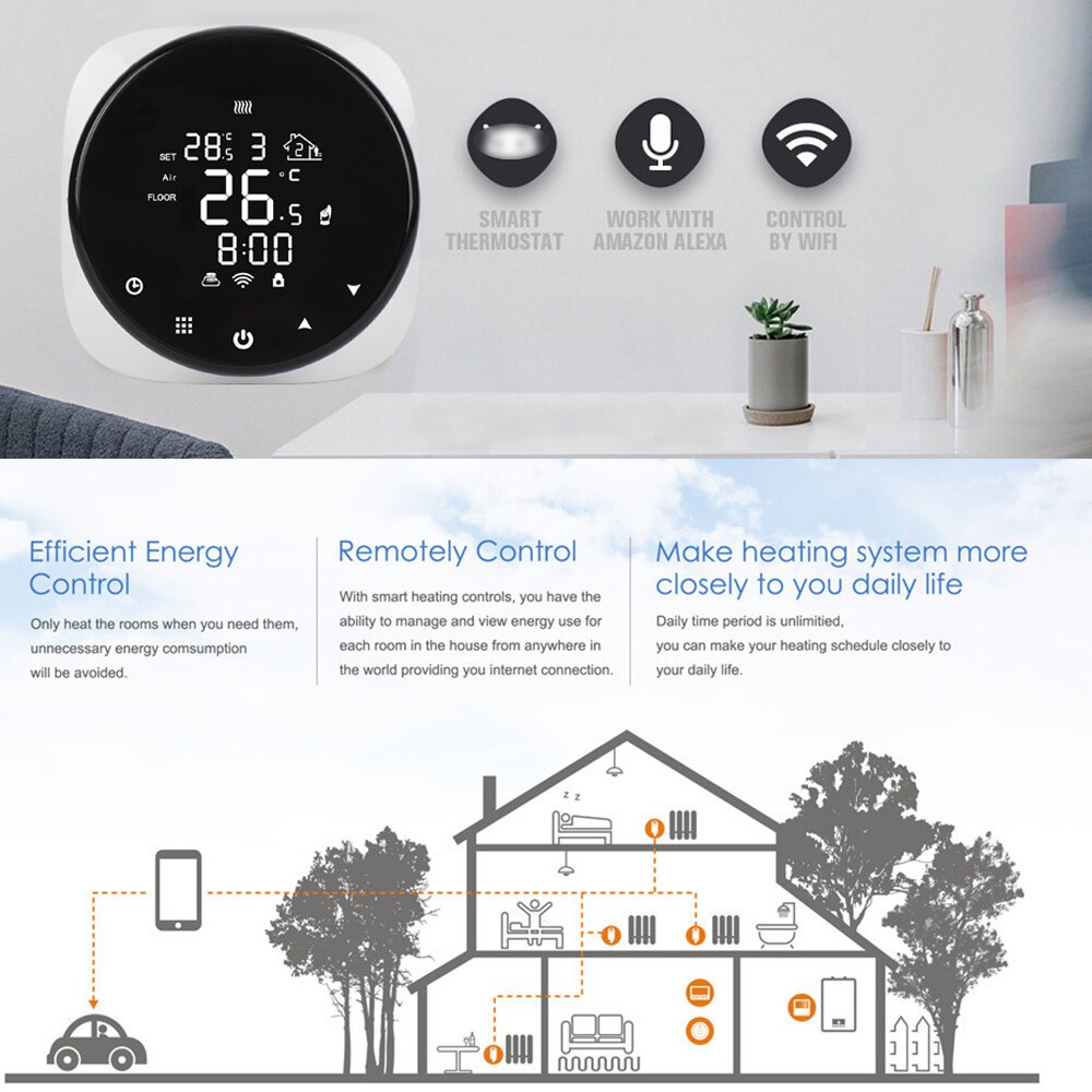 Tuya Wifi Circular Water Underfloor Heating System Boiler Thermostat Round Programmable Thermostat Compatible with Alexa Google