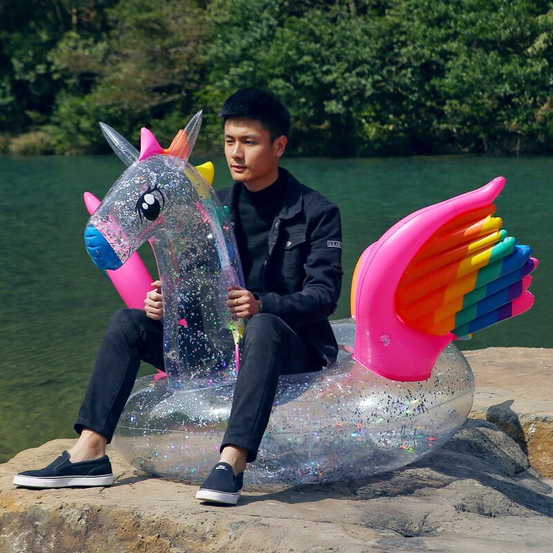 180cm Aufblasbare Holographische funkeln Einhorn Schwimmbad schweben transparent Regenbogen Pegasus Pferd Schwimmen Ring Erwachsene freundlicher Wasser Spaß Spielzeug