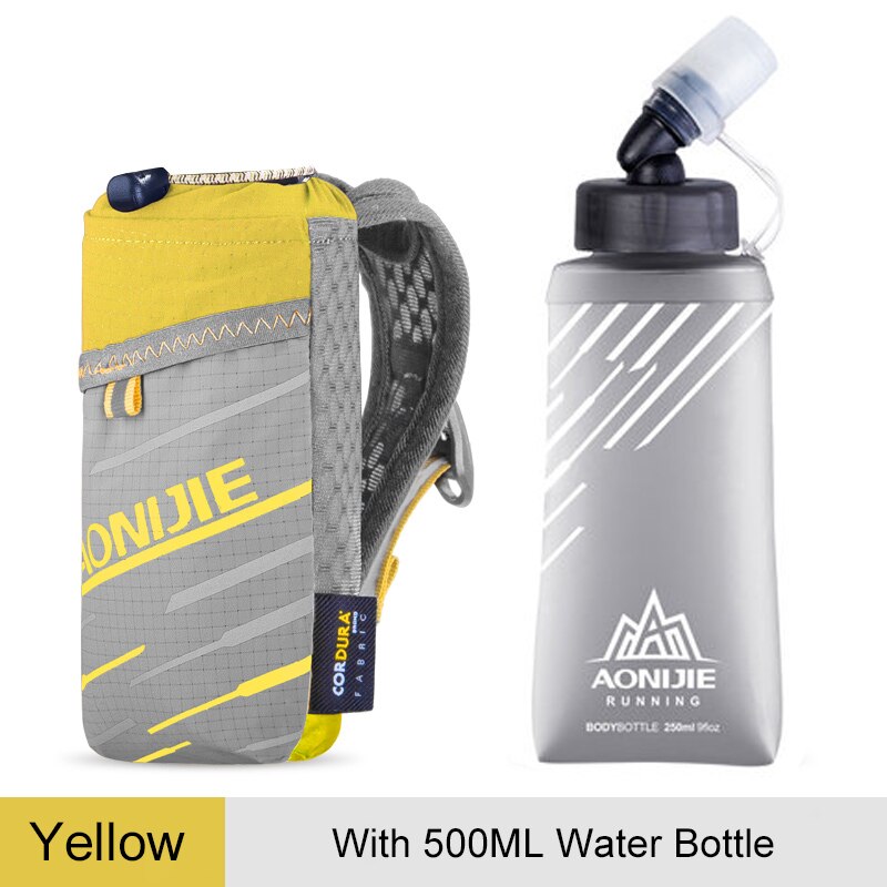 AONIJIE A7102 Light Weight Handheld Quick Grip Quick Stow Flask Water Bottle Carrier Bag 6.8&quot; Phone Holder Pouch Hydration Pack: YLW With WaterBottle