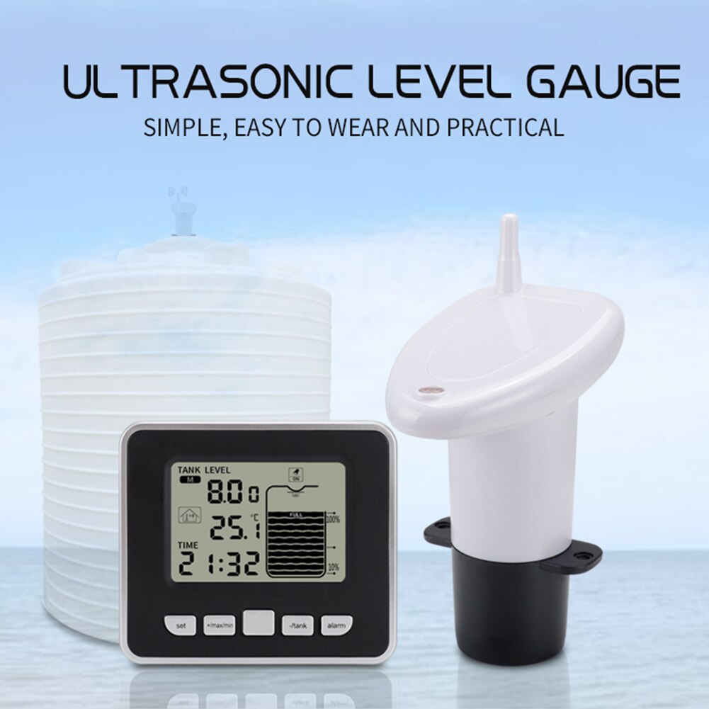 Ultrasonic Water Tank Level Meter Sensor w/Temperature Display Time Alarm Transmitter Receiver Liquid Depth Measuring Tools
