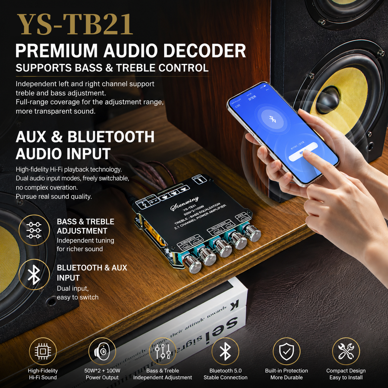 BT5.0 2.1CH Digital Amplifier Board 100W*2+100W Subwoofer Stereo Amp Treble Bass Control AUX 12/24V DIY Home Speaker Module