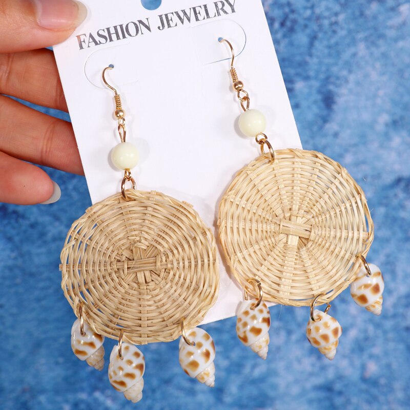 ZOSHI Handmade Earrings For Women Wooden Straw Weave Rattan Wedding Party Dangle Jewelry Shell Earrings Jewelry