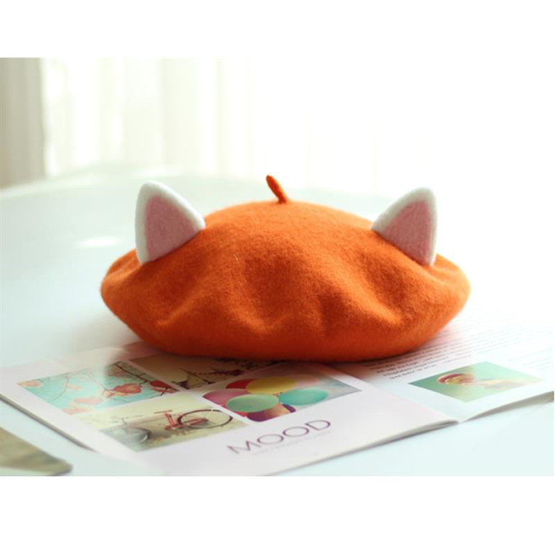 Gorro de pintor para mujer, gorro de lana hecho a mano con orejas de gato, creatividad, bonito gorro de Otoño Invierno, disfraz de fieltro de lana, boina divertida de dibujos animados: Naranja