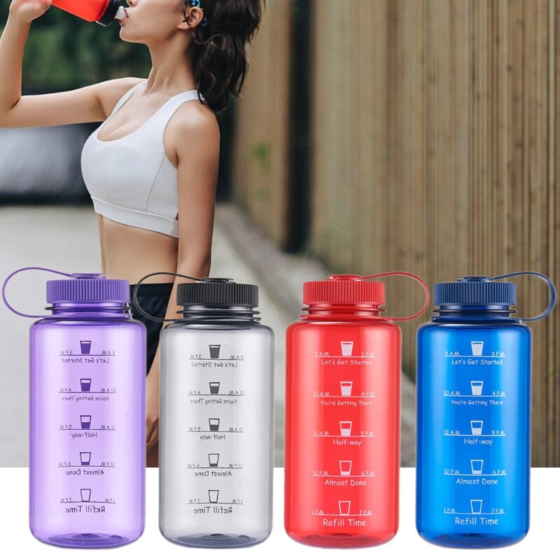 Sports Water Bottle Time Marker Tracker Goal 32oz/1000ml Large Volume Portable Drink Bottle BPA Free and Brand