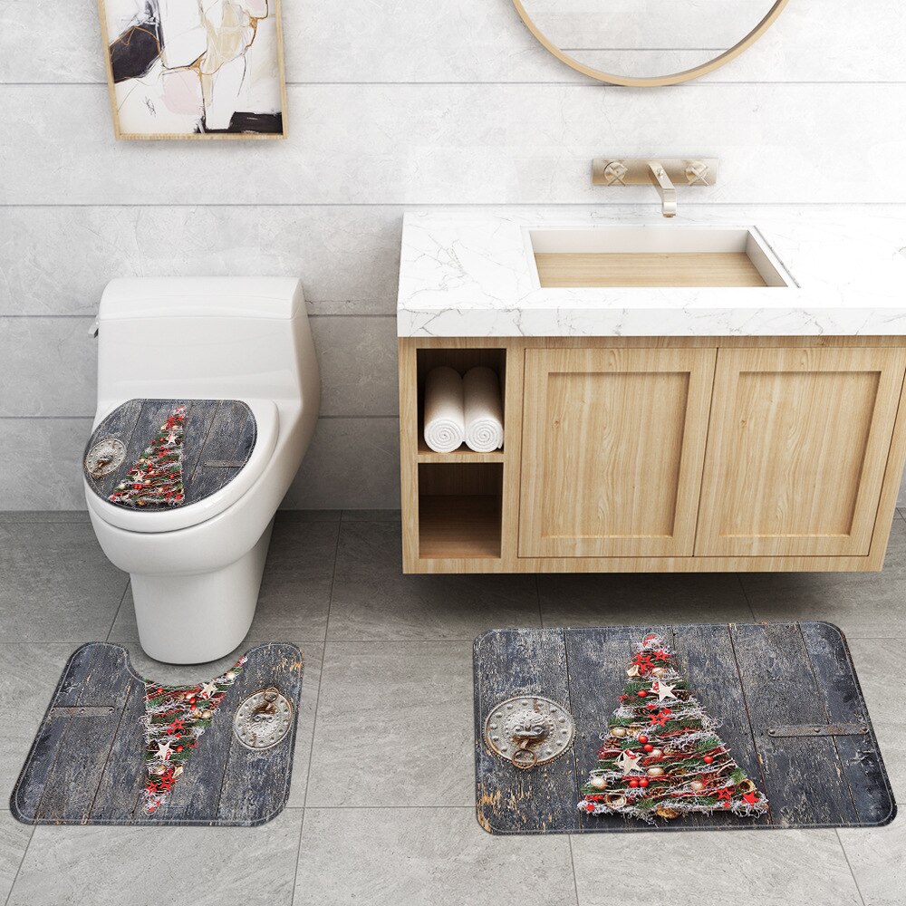 Merry Christmas Shower Curtain Set Bath Mats Rugs Christmas Tree Deer Anti Slip Pads Toilet Cover Bathroom Curtains with Hooks: A 3PCS