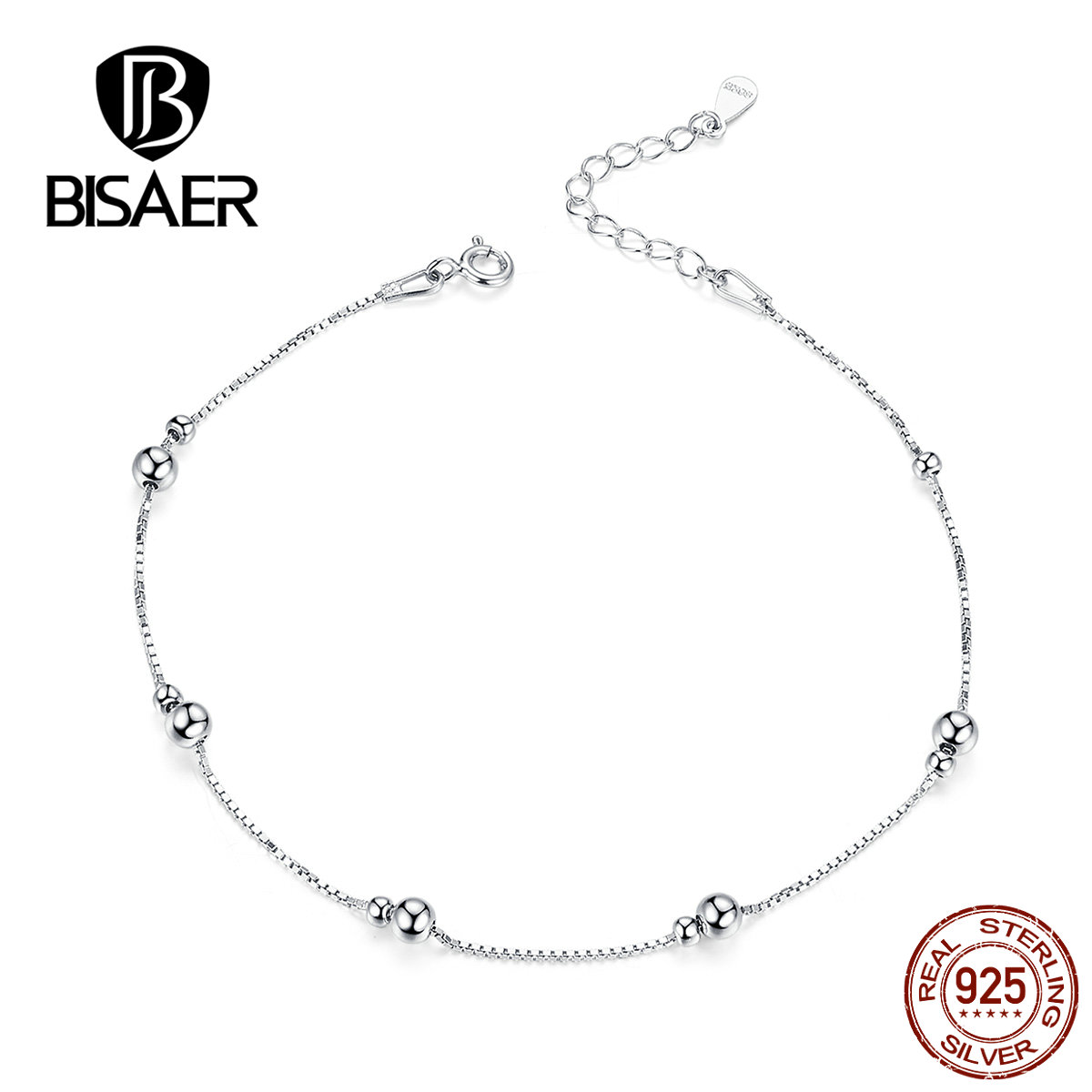 Bisaer 100% 925 Sterling Silber Fußkettchen Runde Ball Anhänger Einfache Sommer Schmuck Stil Fußkettchen Für Frauen GXT005