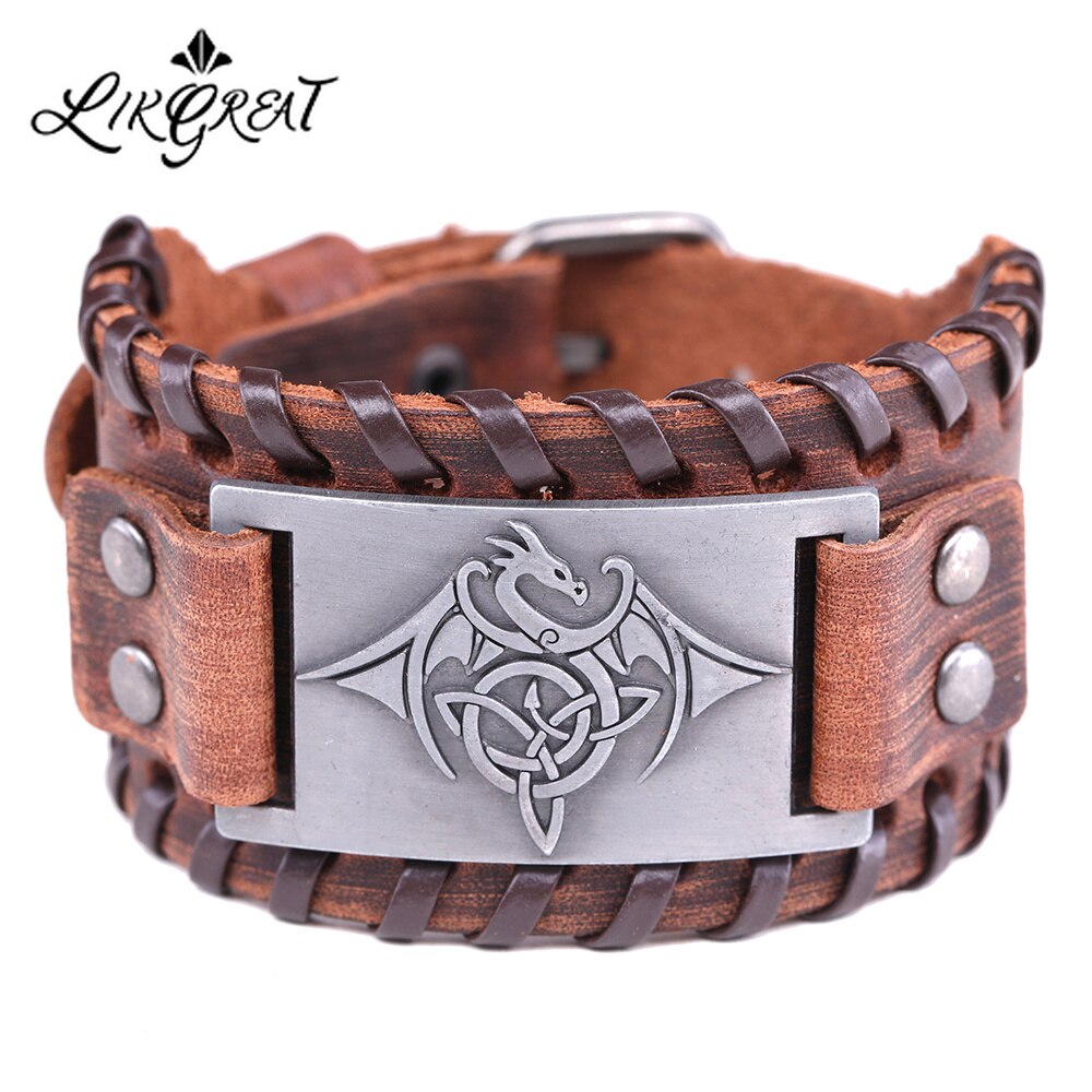 LIKGREAT Vintage Wicca Symbol Triqueta Pterosauria Dragon Charm Bracelets for Men Black Brown Leather Wrap Bracelet Cool Jewelry