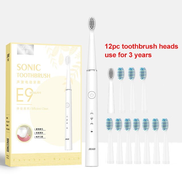 Seago Electric Toothbrush USB Rechargeable Sonic Tooth Brush for Female and Girl with 3 soft Brush heads box: White with12pc heads