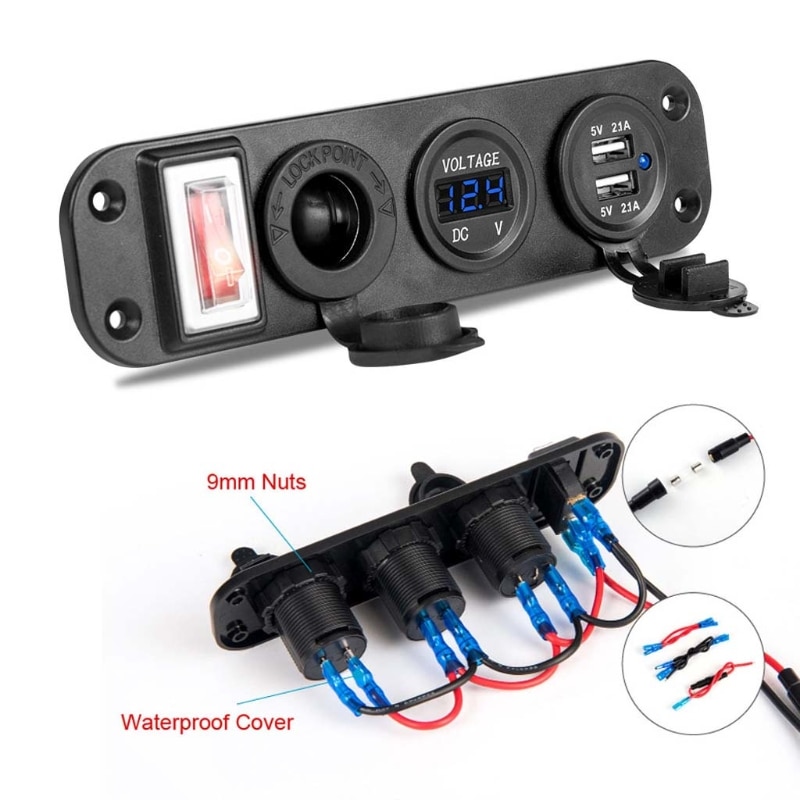 Autolader dubbele usb-adapter 12v sigarettenaanstekeraansluiting led voltmeter schakelaar