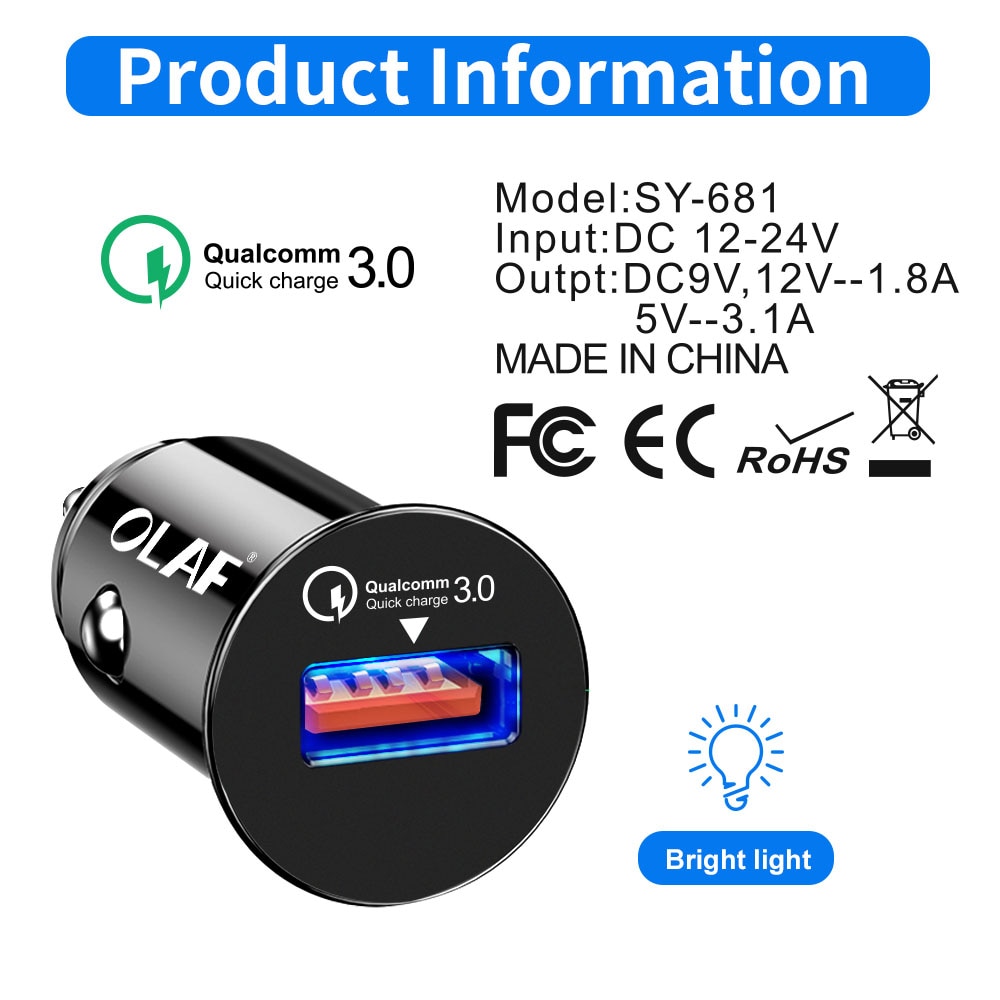 Caricabatterie per auto mini USB OLAF QC 3.0 per iPhone Samsung Xiaomi Huawei 5V 3A ricarica rapida adattatore per caricabatterie per telefono 3.0 con ricarica rapida