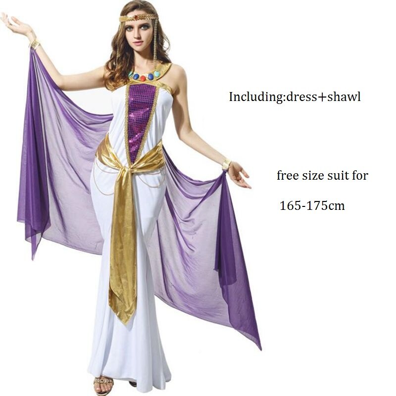 Stijl Egyptische Farao Rollenspel Uniform Koningin Lange Jurk Maskerade Carnaval Cleopatra Kostuum voor Party Show: Beige
