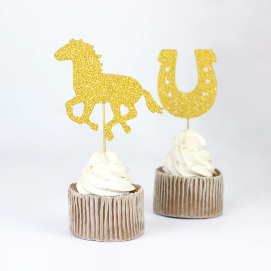 Caballo y Herradura brillo Cupcake Topper vaquera Magdalena de cumpleaños Topper vaquera de la Ducha del bebé, primer cumpleaños decoración