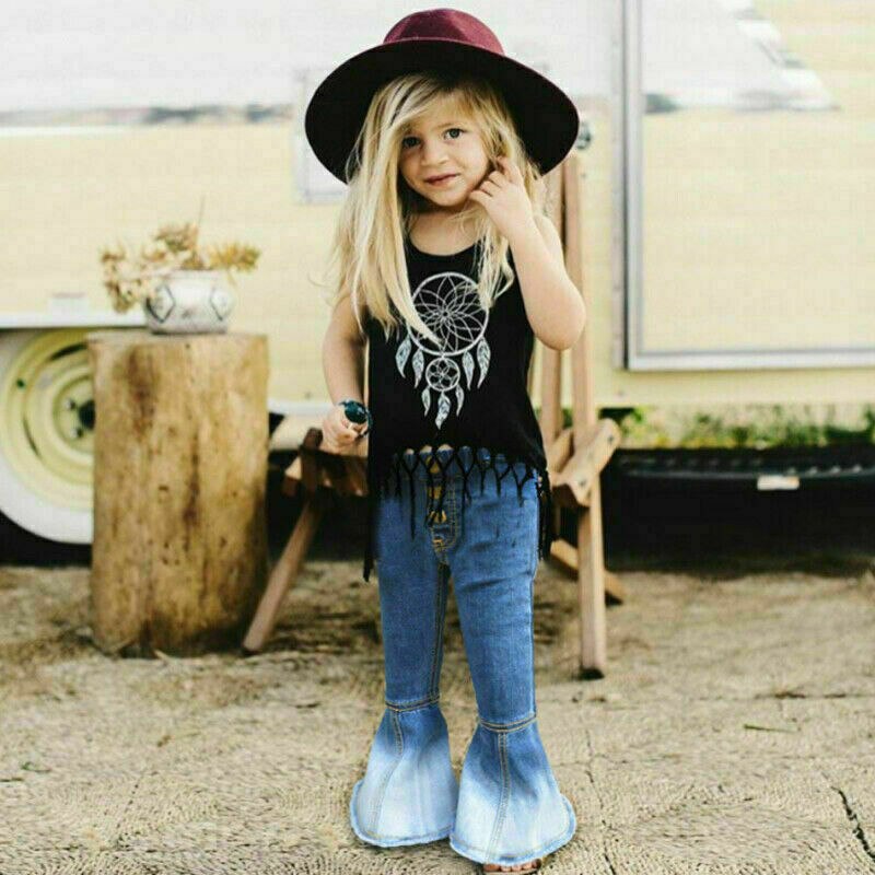 Pudcoco børn baby piger bukser med klokkebunde denim brede ben jeans bukser 2-7y