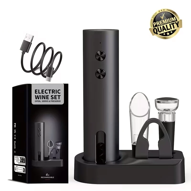 Rechargeable electric wine opener with foil cutter pourer & vacuum stopper compact for home kitchen weddings Christmas: Brown