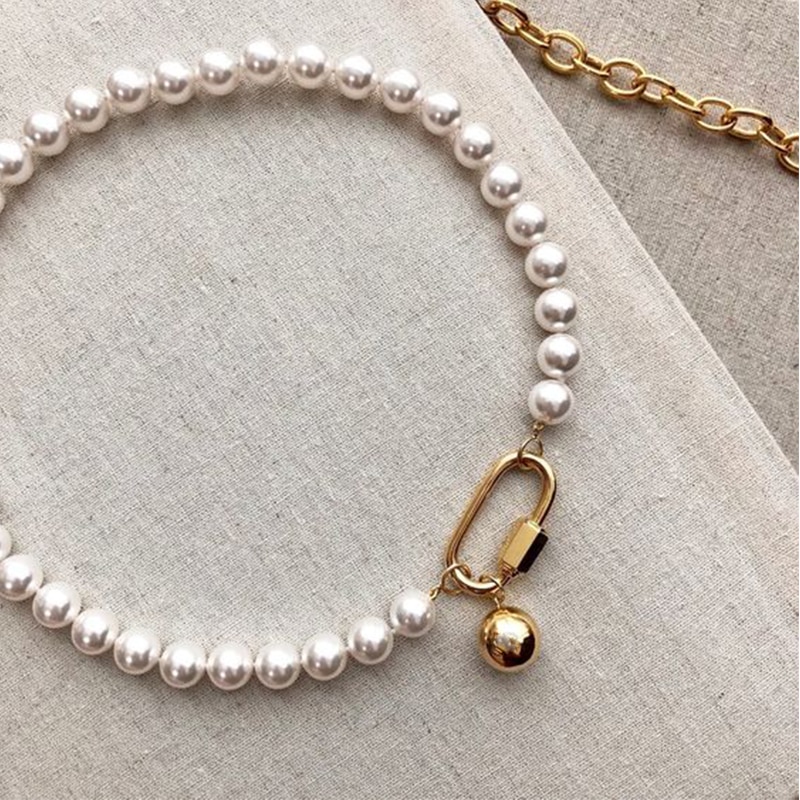 Lady clothes accessory necklace round shell pearl handmade short neck jewelry Imitation pearl spiral buckle choker