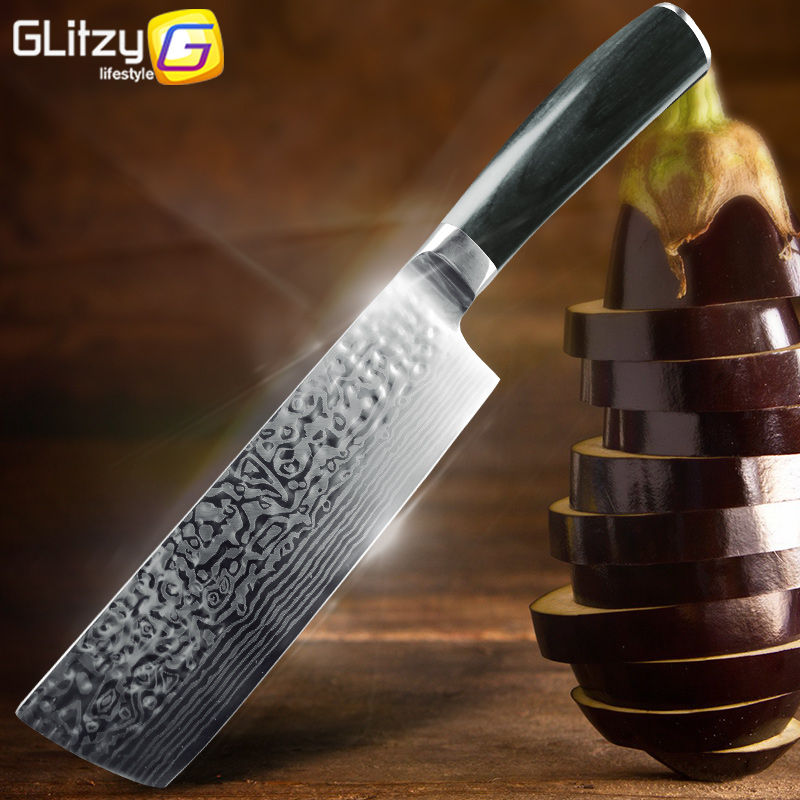 Kökskniv 7 tum klyvkniv 7 cr 17 440c kock tysk rostfritt stål imitation damaskus skivare santoku kötthackningsverktyg