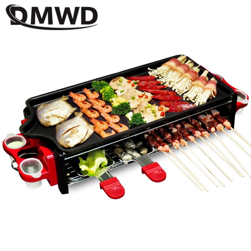 Dmwd Elektrische Grill Pan Indoor Barbecue Plaat Familie Bbq Grill Rvs Oven Non-stick Oppervlak Geribbelde Grill Stijl 1200W