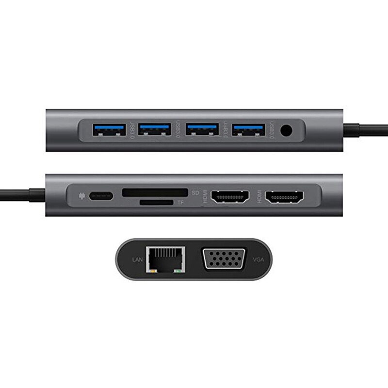 12 in 1 Type-C Video o HUB USB3.0 USB-C HDMI VGA RJ45 3.5mm SD TF Converter Laptop Docking Station Power Adapter