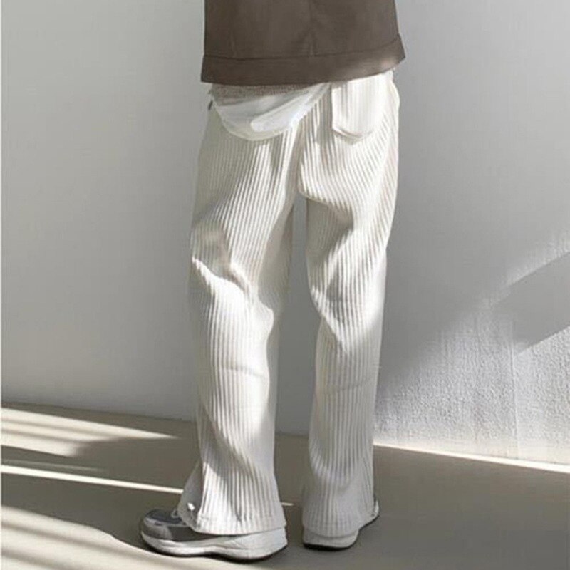 Men's Solid Color Vertical Pattern Loose Flared Pants European American Trend Drape Straight Casual High Waist Trousers