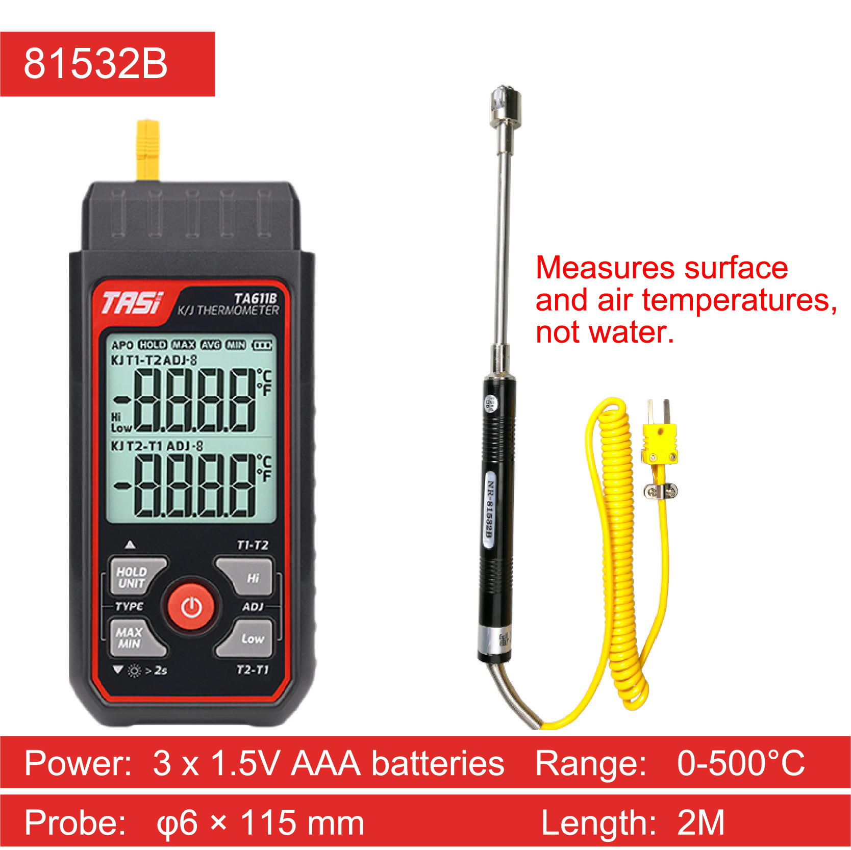 TA611A Single Channel K Type Thermocouple Thermometer High Precision Digital Surface Temperature Gauge with Contact Probe: Silver