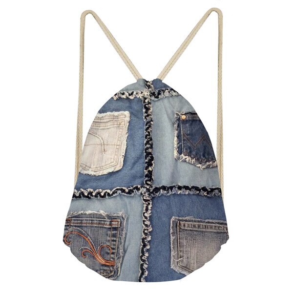 Noisydesigns Retro Women Shoes Bag Denim Print Drawstring Bag Women Backpack For Teenagers bag beach Rope Drawstring Sling Bag: T1003Z3