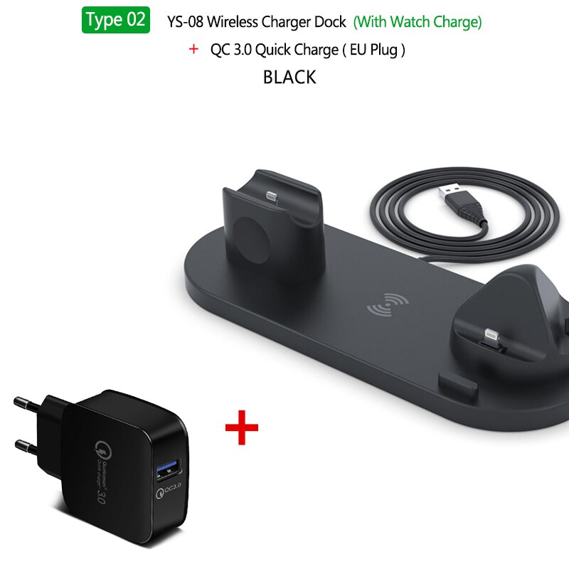 10W 3in1 Wireless Charger Stand Dock for iPhone 11 Pro Xs X Wireless Fast Charging Station for Airpods Pro 2 Apple Watch 5 4 3: Type 2 QC3.0 Black