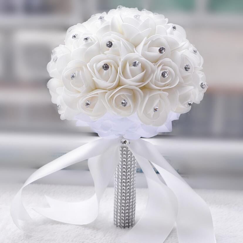 AYiCuthia boeket zijde bloemen Bridesmaid Wedding Foamflowers White Rose Bridal bouquet White Satin Romantic Wedding bouquet