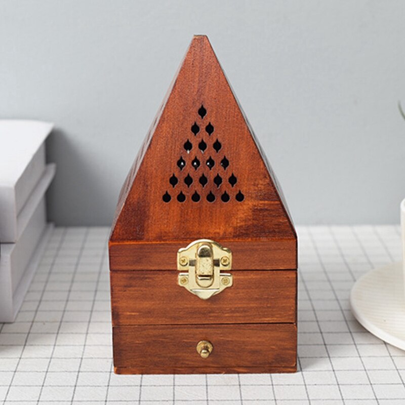 Houten Agarwood Sandelhout Doos Wierook Brander Brander Antieke Aromatherapie Brander Creatieve Piramide Hollow Wierook Doos