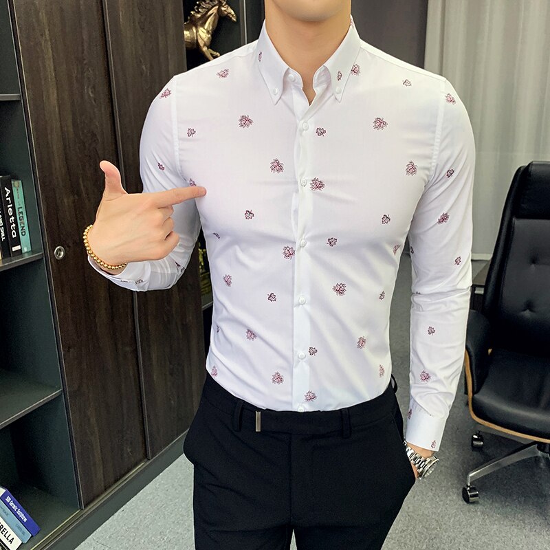 Menn dress skjorte langermet business skjorter casual slim fit skjorter formell sosial klassisk skjorte camisa masculina: Hvit / L 57-65kg