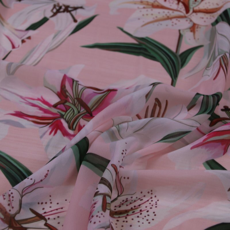 Rosa blume druck seide Chiffon stoff, weiche Chiffon dünnen stoff für kleid, lange Strand kleid Chiffon kleidung tissu au Meter