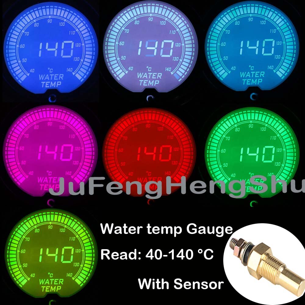 52mm Car Gauge 12V Oil Temperature Water Temp Turbo Boost Volt fuel Pressure Auto Gauges 7 Color Light Digital Meter + Sensor: Water temp gauge