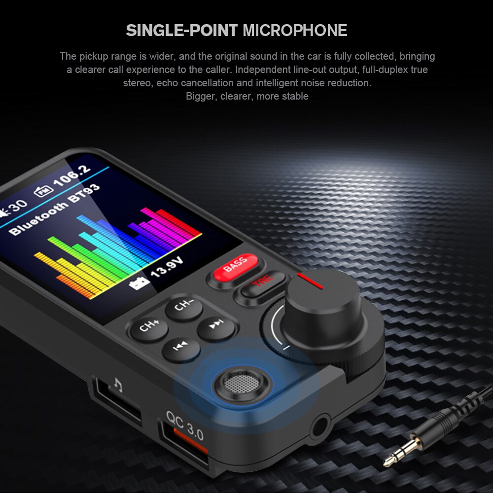 Reproductor MP3 BT93 de 1,8 pulgadas para coche, transmisor FM Aux QC3.0, carga inalámbrica, compatible con Bluetooth, sonido de graves agudos, reproductor de música
