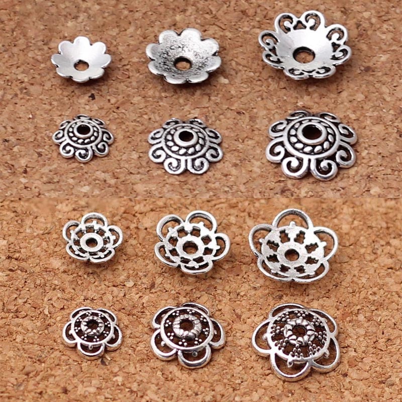 100 stücke Tibetischen Silber Blume Perlen Kappen Halfter 8mm 10mm 12mm Jahrgang Handgemachte Perlen Ende Kappe Buchse DIY Schmuck Erkenntnisse