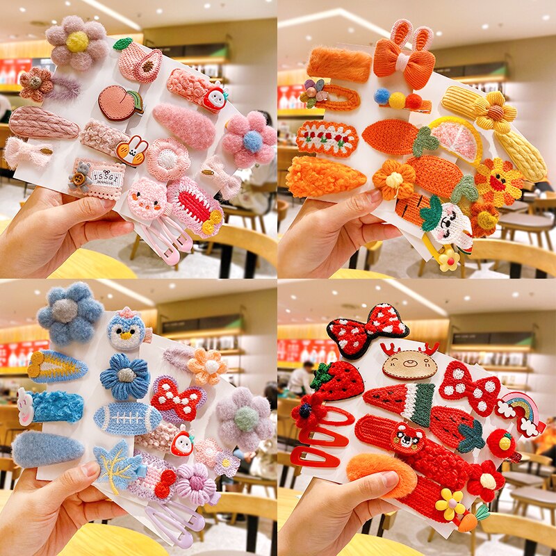 Newest 1set Winter Girls Cartoon Fruit Cashmere Faux Fur Soft Hairpins Sweet Children Hair Clips Kid Hair Accessories