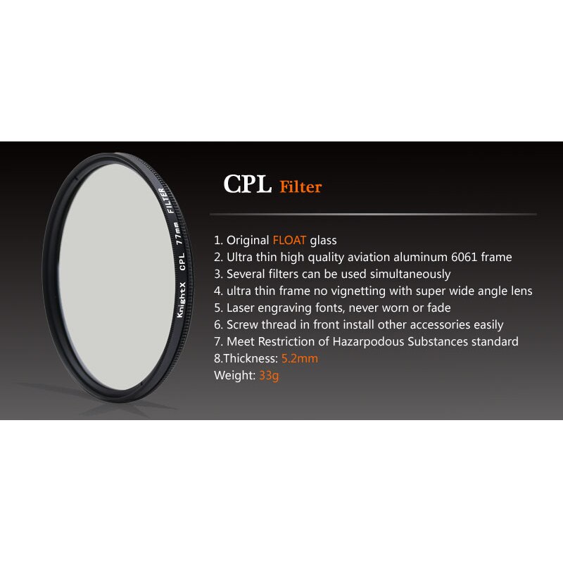 KnightX – polariseur CPL 49 52 55 58 62 67 72 77mm, filtre d&#39;objectif d&#39;appareil photo pour Sony Canon Nikon d5300 600d d3200 52mm 58mm