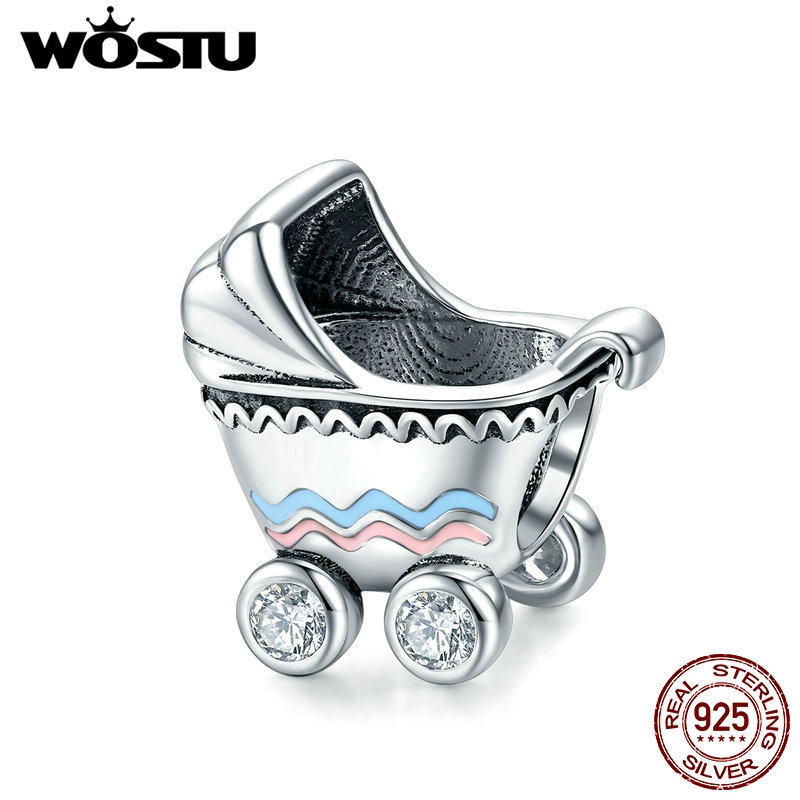 Wostu autêntico 925 prata esterlina charme carrinho de bebê contas caber encantos pulseiras originais prata 925 jóias cqc1539