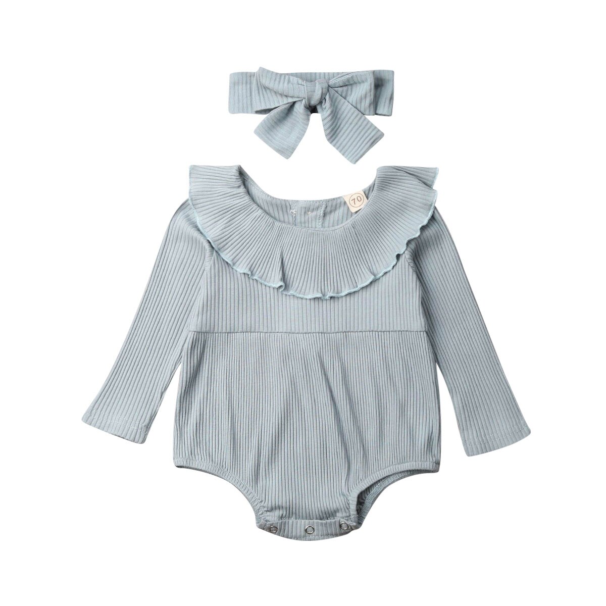 Vêtements pour bébés filles, vêtement de printemps et automne, combinaison à volants tricoté à manches longues, couleur unie, ensemble + bandeau,: Bleu / 12M