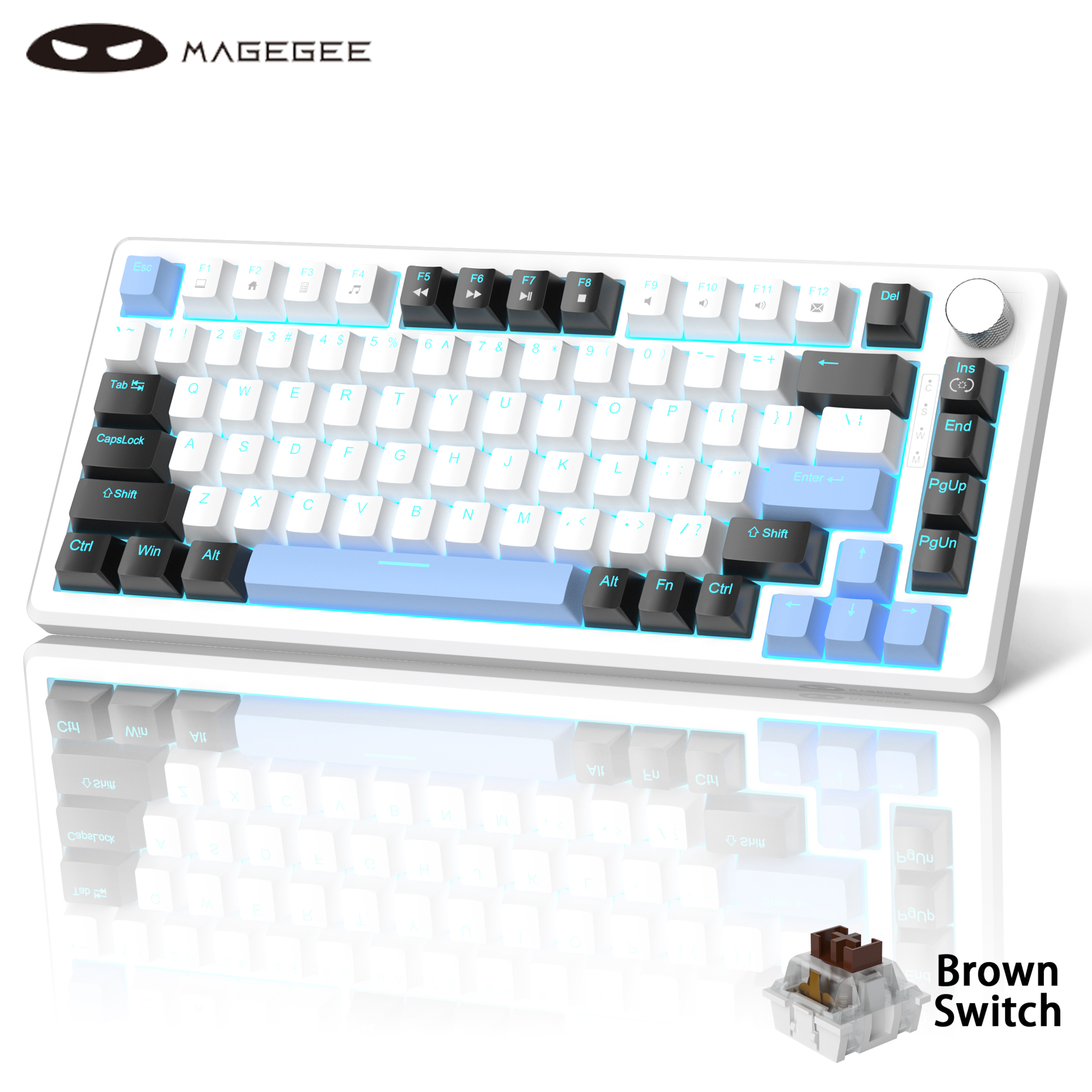 MageGee 75 % mechanische Spielen-Tastatur mit Knopfsteuerung, kompakte blaue, hintergrundbeleuchtete kabelgebundene Tastatur, schwarz/braune Schalter für PCWindows