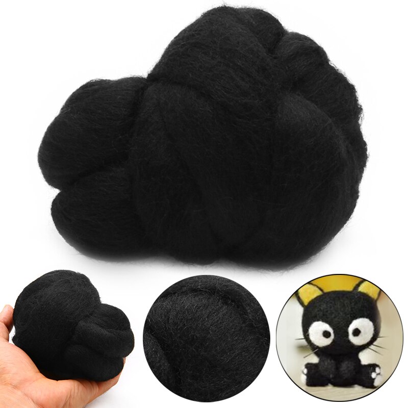 Black Vilten Wol Merino Geverfd Wol Tops Roving Zachte Wol Vezel Naaien Voor Naaldvilten DIY Pop Handwerken 50g
