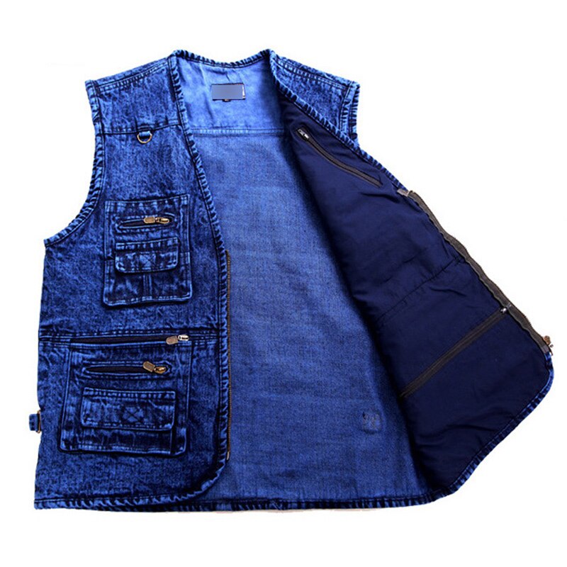 Men's Vest Outerwear Denim Waistcoat Deep Blue Color Plus Size Sleeveless Jacket Multi-pocket Size XL To 5XL Large