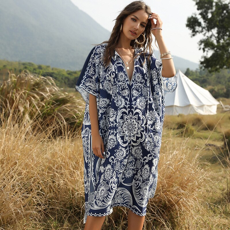 Boheme printet sommer strandkjole badedragt cover-ups plus size kvinder strand wear badedragt cover up blå bomuld tunika  a132