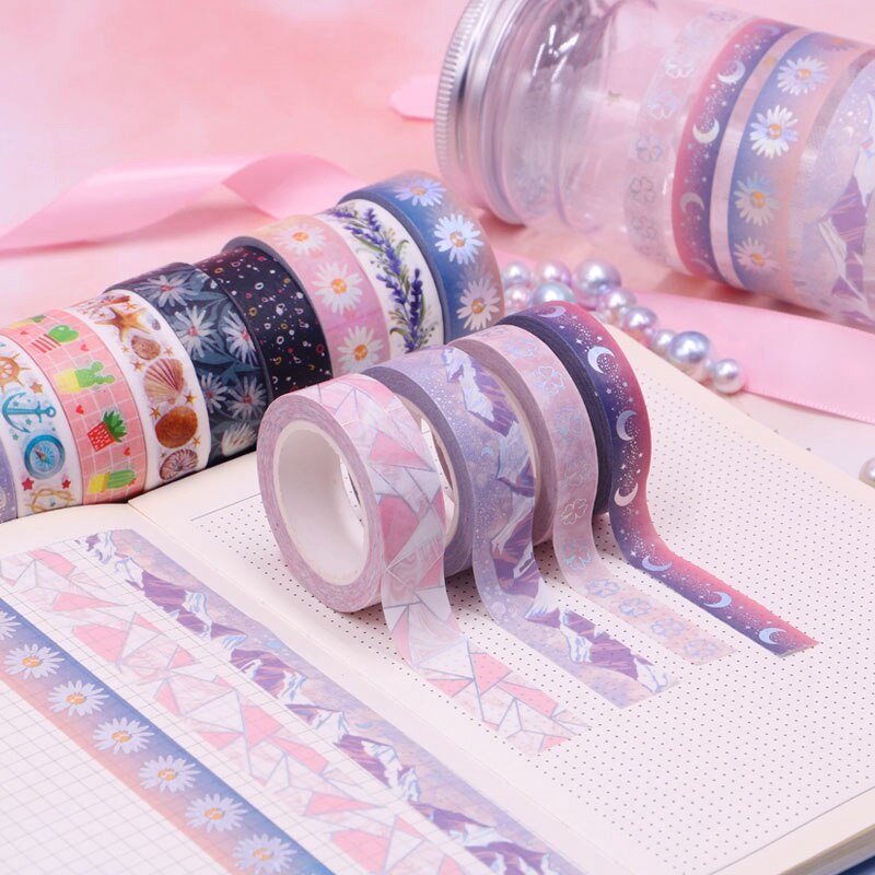Decoratieve Bloem Sterrenhemel Maan Paars Bergen Zilver Folie Washi Tape Diy Voor Scrapbooking Fotoalbum Lijm Afplakband