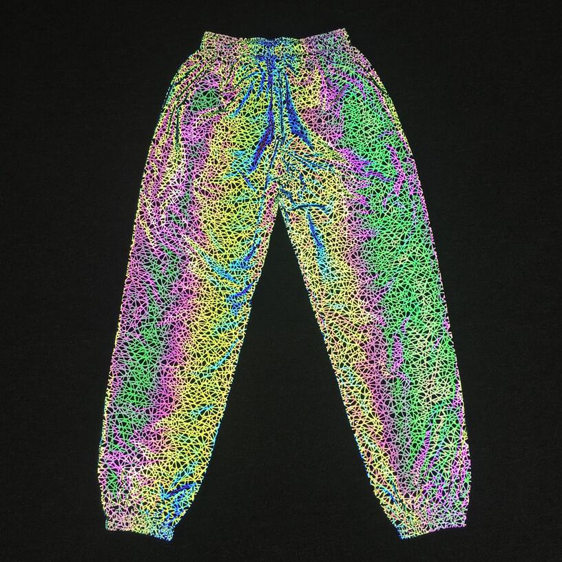 Pantalones Jogger informales luminosos coloridos de hip-hop para hombres europeos y americanos con patrón caótico reflectante: XXL