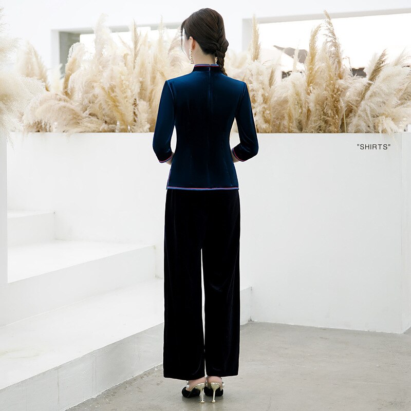 Qipao chino de manga de tres cuartos con cuello mandarín azul marino de terciopelo, ropa Cheongsam de talla grande, vestidos para mujer 4XL 5XL