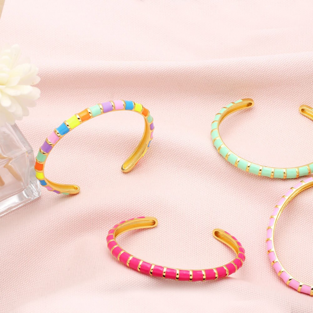 Y2K Mode Streep Emaille Manchet Armbanden Koperen Armband Armband 2022 Sieraden Voor Vrouwen Meisje Beach Party