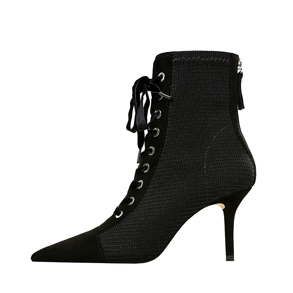 patchwork Ankle Boots Women zip Pointed Toe shoes High Heels cross strap short boot black Zapatos De Mujer
